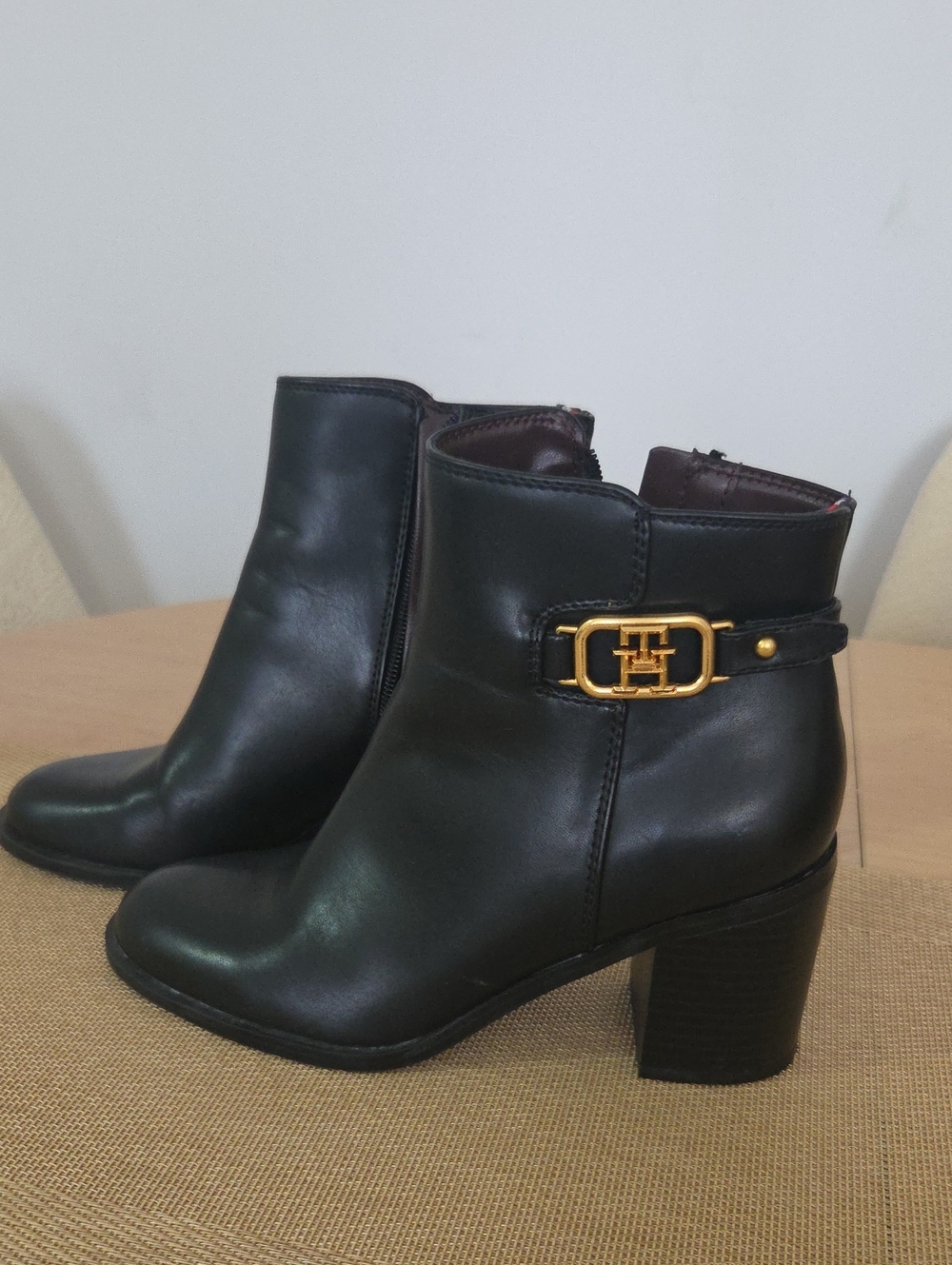 Tommy Hilfiger Black Leather Ankle Booties with Gold Logo Buckle